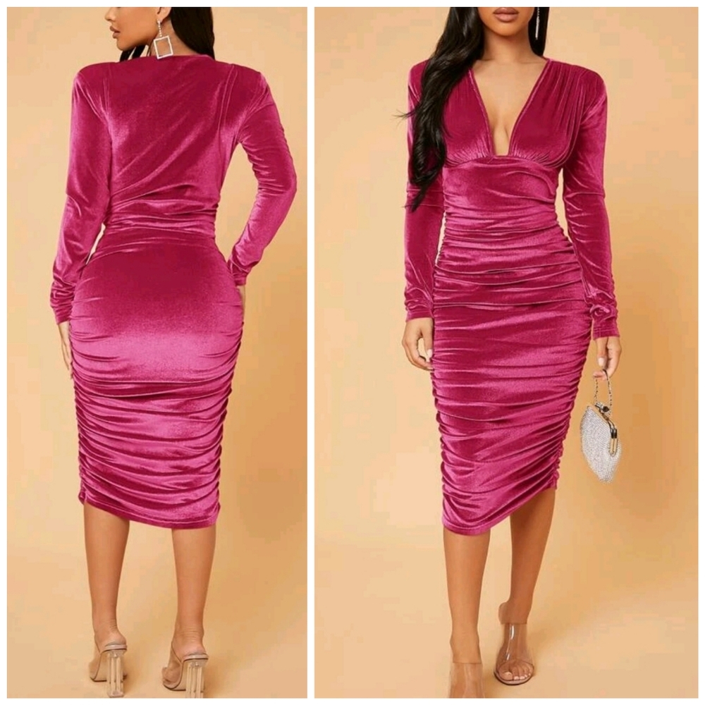 * New Luxe Stretch Deep Plunge Velvet Midi Dress Hot Pink